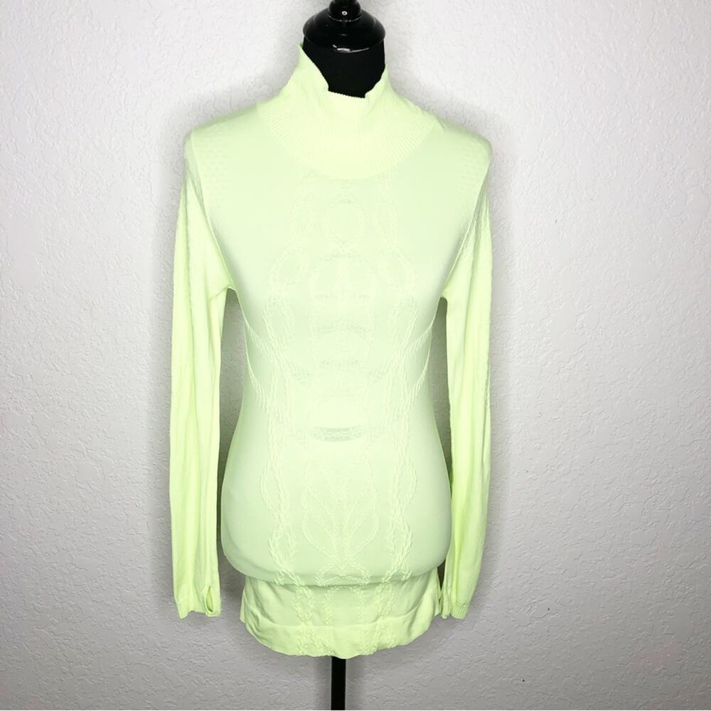 Zella neon green‎ yellow mock turtleneck embroidered long sleeve top size Medium
